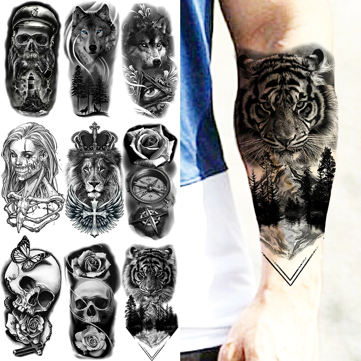 

Black Tiger Forest Temporary Tattoos For Men Adults Skull Lion Pirate Vampire Compass Wolf Fake Tattoo Sticker Arm Body Tatoos