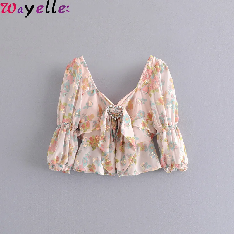 

Summer Crop Tops Women Sweet Heart Sequins Embroidery Floral Print Tops 2019 Female Square Backless Sexy Women Shirts and Tops