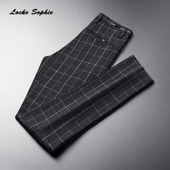 

1pcs High waist Men's Pencil pants trousers 2020 Summer cotton plaid Splicing Slim fit suit pants men Skinny business trousers