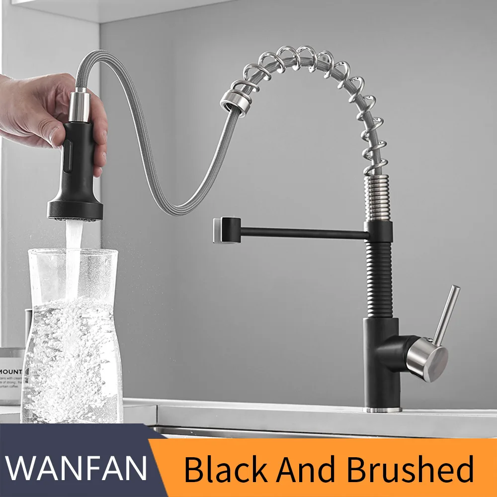 WANFAN, Современный полированный хромированный латунный кран для кухонной раковины, выдвижной кран с одной ручкой и поворотным носиком, смеситель для раковины, 866055 - Цвет: Black and Brushed