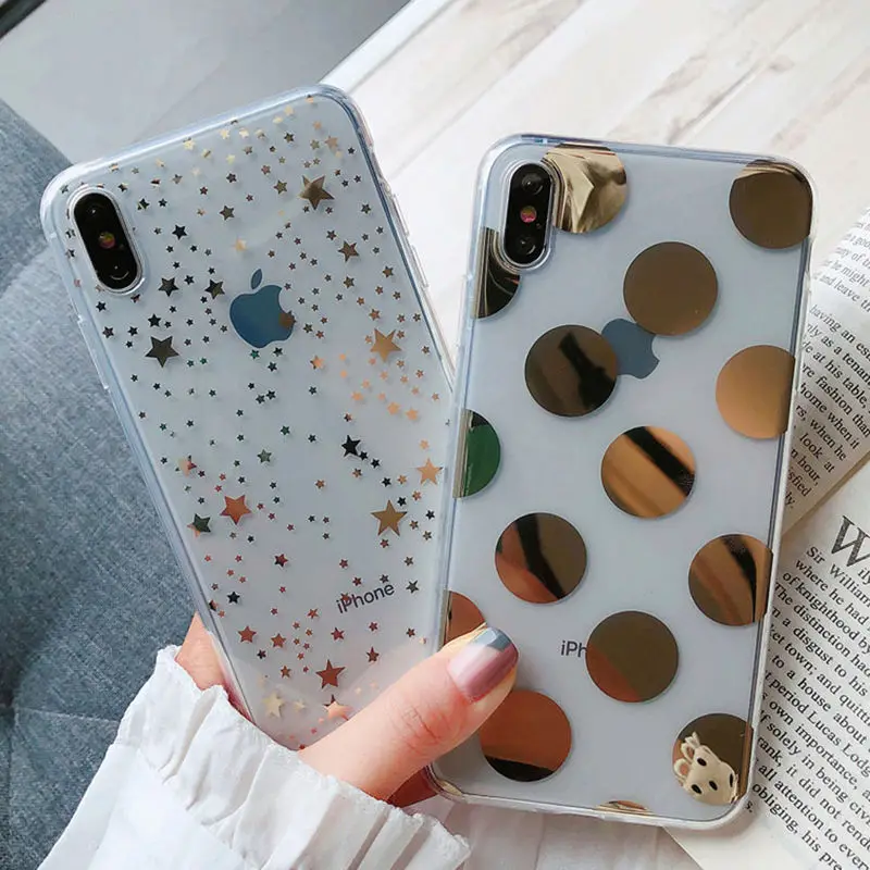 Гальванизированный чехол в горошек со звездами для iPhone XR XS X Max 6 6S 7 8 Plus прозрачный