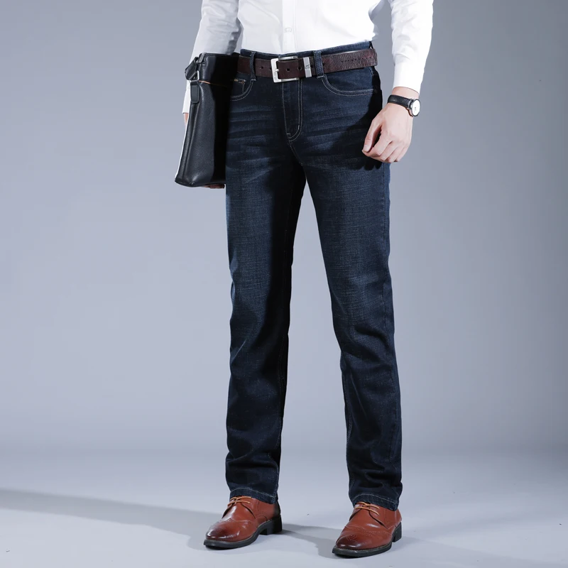 Popular Men's Stretch Jeans Business Casual Classic Style Trousers Blue Straight Denim Pants Male Fashion Simple Pant Slim Fit  Straight