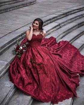 

Vintage Wine Red Spaghetti Straps Empire Lace Lace-Up Court Train Quinceanera Dresses Ball Gown vestido de 15 vestido de 15 anos