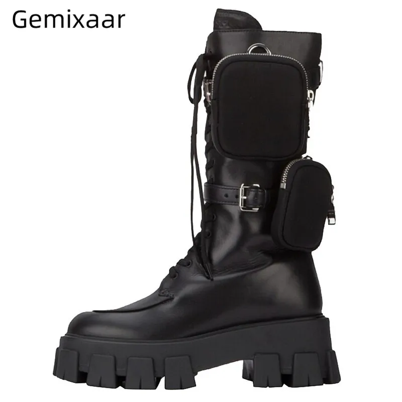

Mid Calf Army Boots Woman Round Toe Thick Bottom Cross Lace Up Martin Bottes British Solid Black Decor Pockets Novelty Boots