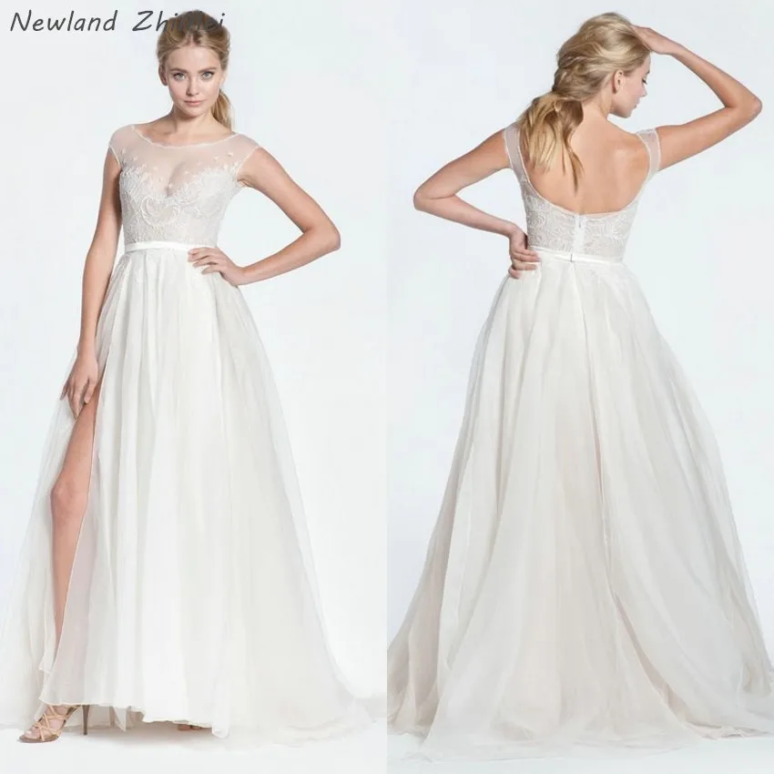 Vintage Boho Wedding Dresses Elegant Sexy Front Side Slit A Line Long Backless Chiffon Bride Dress robe de mariee