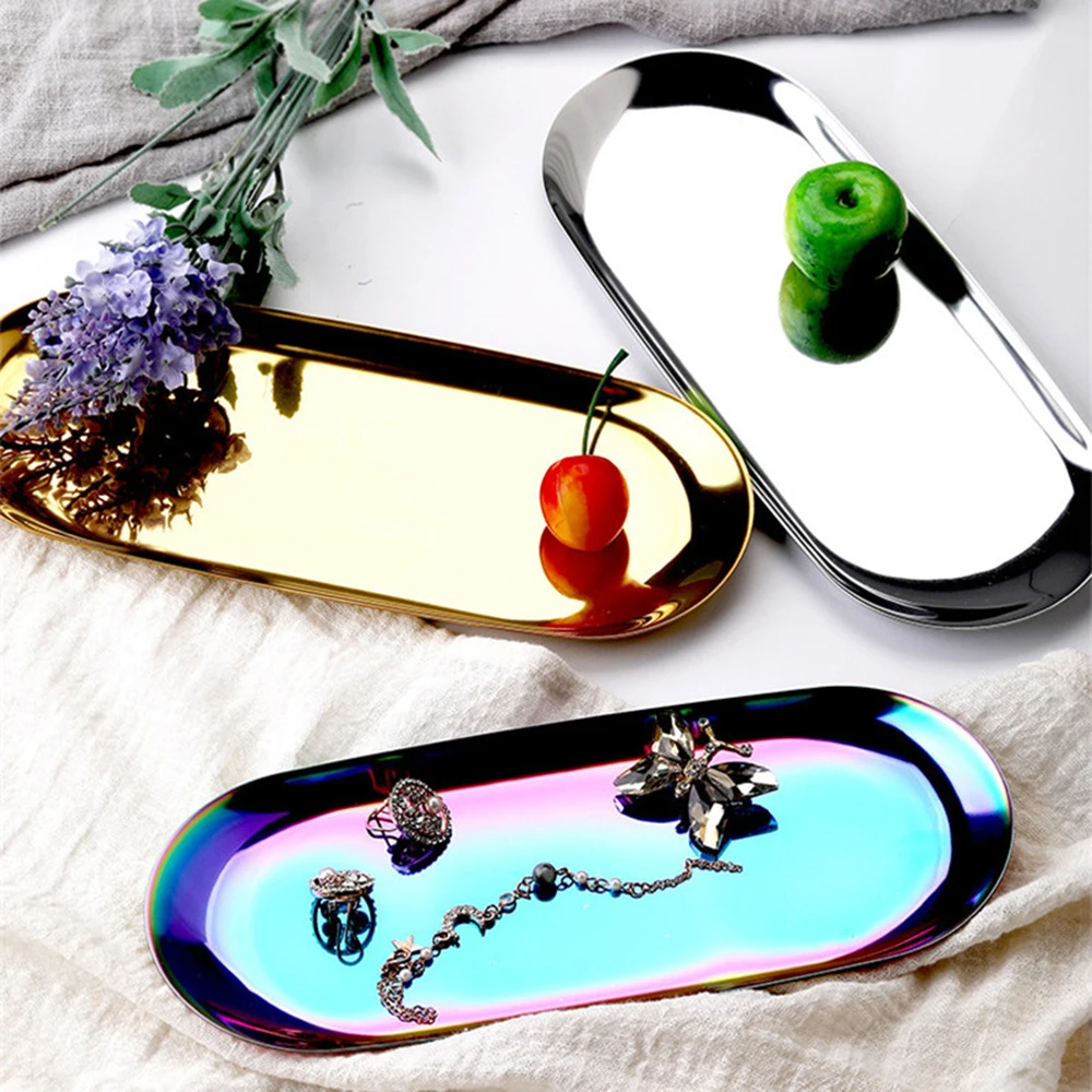 Nordic Style Gold Dining Plate Stainless Steel Dessert Nut Fruit Cake Tray Snack Jewelry Necklace Plate Western Steak Kitchen