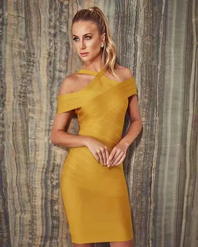 Free Shipping High Quality Off The Shoulder Sexy Yellow Rayon Bandage Dress Party Cute | Женская одежда