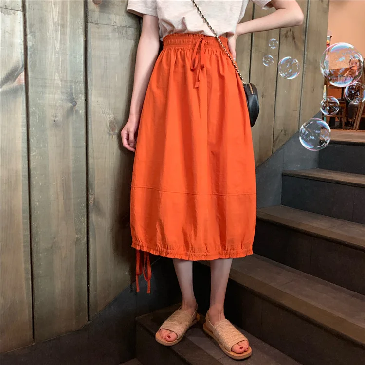 

Summer New Style 2019 High-waisted Versatile Hem Drawstring Lantern Dress Korean-style CHIC Loose Casual Solid Color Semi-