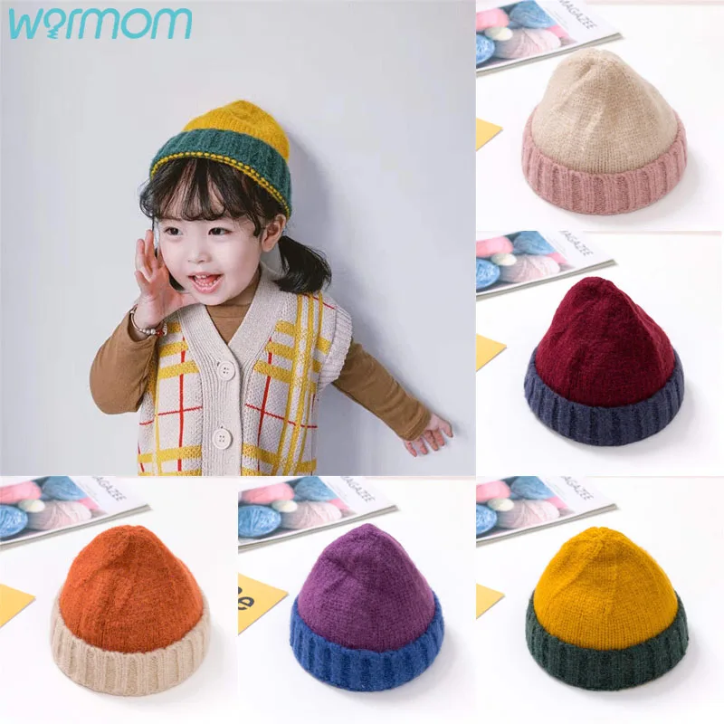 

Warmom 3-24 Month Baby Knitting Woolen Hat Fashion Stitching Color Autumn/Winter Children Hat Retro Style Kids Hat Kids Stuff
