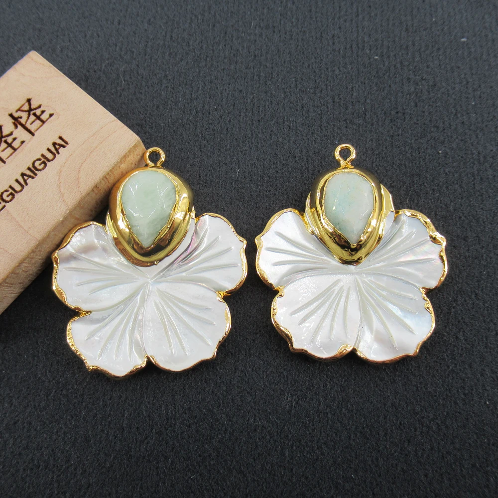 APDGG 1PC Natural Carved White Shell Flower Amazonite Pendant Charm Electroplated woman fashion Jewelry