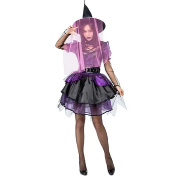 

Women Witch Cosplay Costume for Halloween Make Up Party Black Purple Patchwork Witch Outfit for Stage Performance Carnival Party