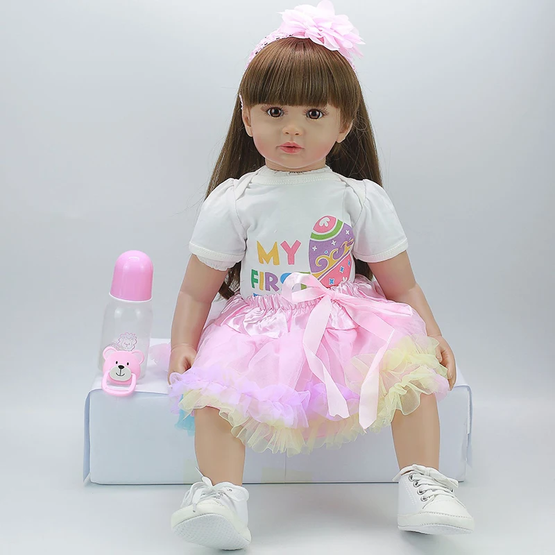 60 см Reborn Baby Doll игрушка мягкая силиконовая Розовая Принцесса платье ткань тело длинные волосы Реалистичная новорожденная Кукла Малыш Дети Подарки