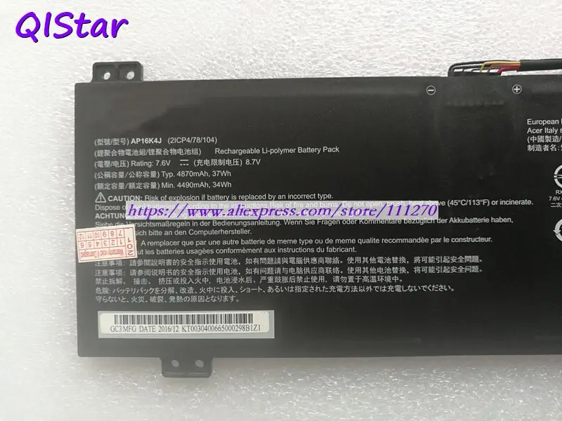 QISTAR 7,6 V 4870mAh подлинный AP16K4J Аккумулятор для ноутбука Acer хромбук Spin 11 серии R751TN-C0Q R751TN-C7E4 R751T-C9P6