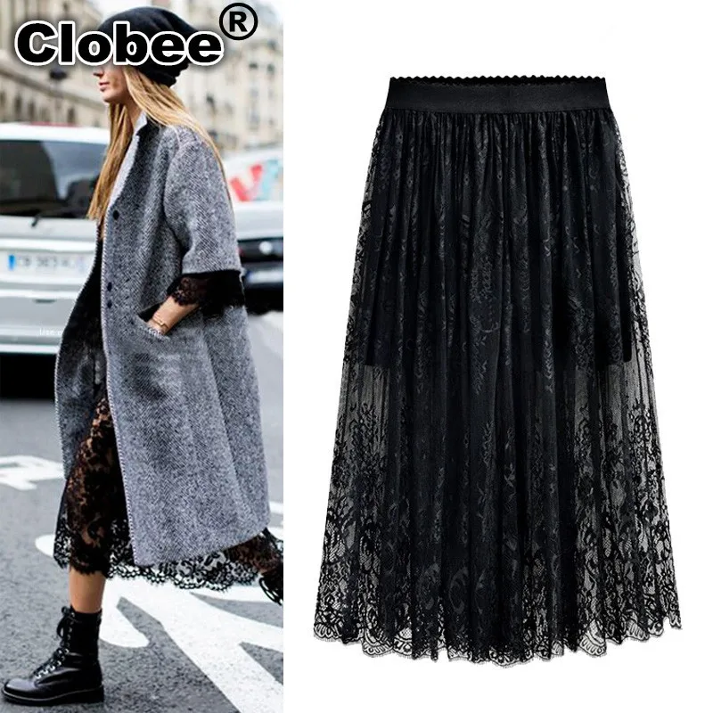 4XL 5XL плюс Размер Женская кружевная юбка летняя Высокая уличная стильная эластичная высокая Талия свободная Туника длинная юбка со складками