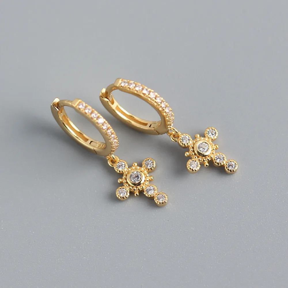 ANDYWEN 925 Sterling Silver Gold Crystal Zircon CZ Circle Drop Earring Cross Pendiente Piercing No Clips Women Luxury Jewelry
