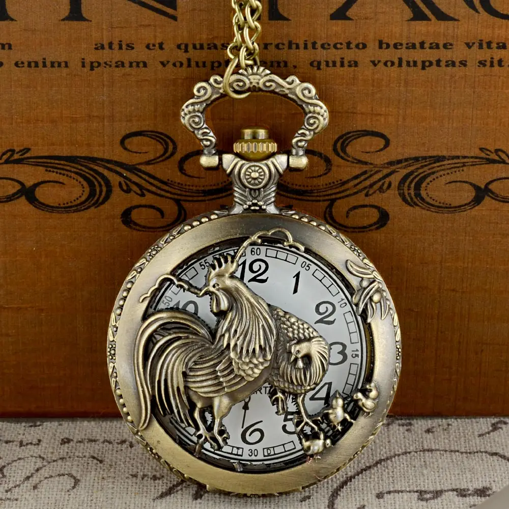 

IBEINA Vintage Bronze Chicken Graphic Quartz Pocket Watch With Chain Retro Men Women Classic Pendant Necklace Clock Gift