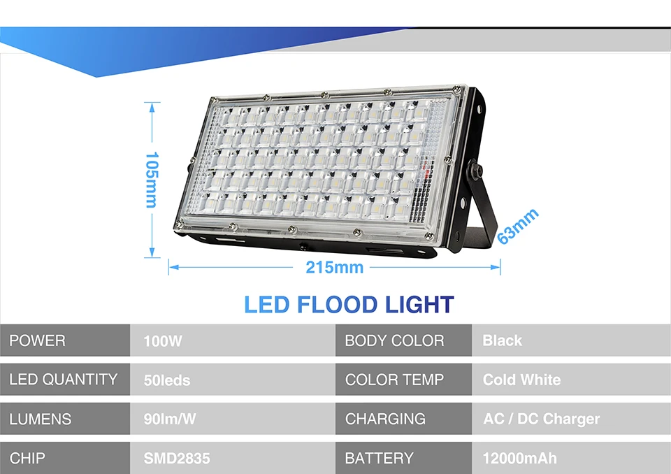 Светодиодный прожектор, 100 Вт, высокая мощность, встроенный аккумулятор, USB, быстрое зарядное устройство, 12-85 В, светодиодный, водонепроницаемый, для улицы, легко носить с собой, аварийная лампа