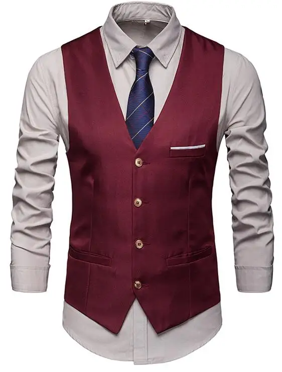 4 Buttons Men Vest Burgundy Men's Sleeveless Slim Fit Suit Single Breasted Business Dating Wedding Dress Waistcoat | Мужская одежда