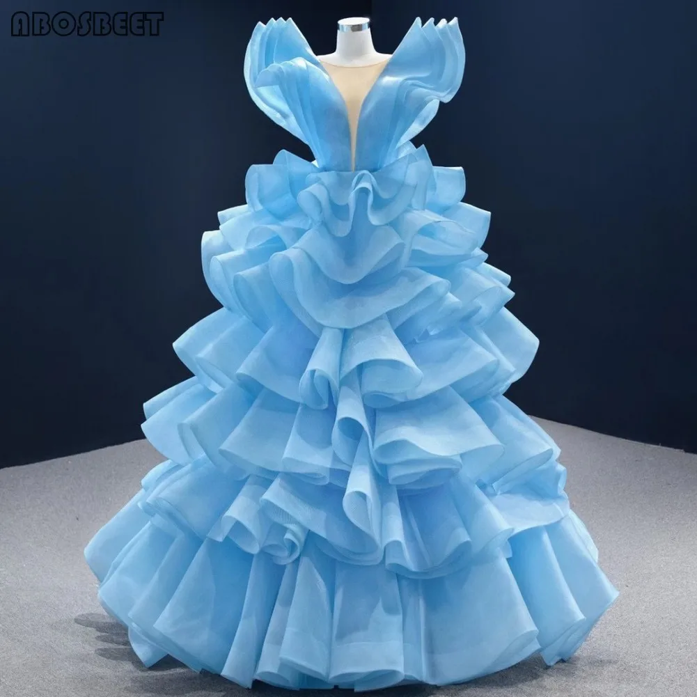 Ruffles A Line Prom Dress Long Blue Evening Gowns with Train Formal Party Gown V Neck Sleeveless Vestido De Fiesta | Свадьбы и