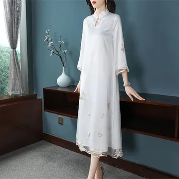 

Top Quality Brand Chinese 2020 Spring Style Women Floral Embroidery 3/4 Sleeve Mid-Calf Length Vintage Dress 50s 60s XXL