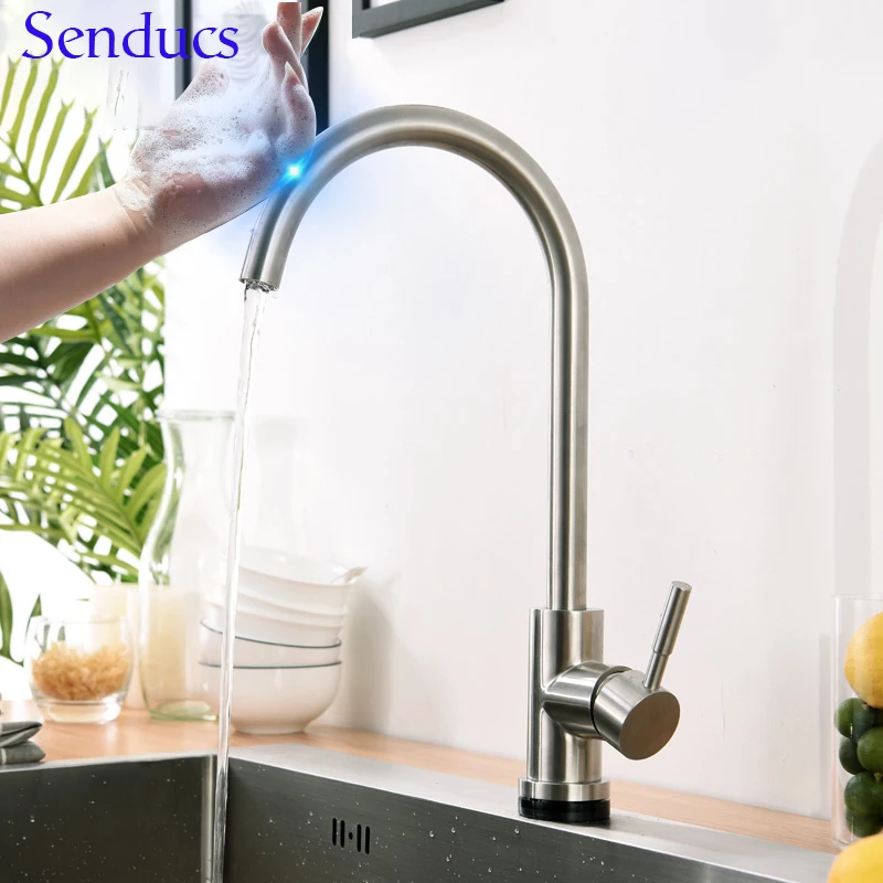 Touch Faucet Senducs Brushed Sensor Kitchen Faucet Quality Stainless Steel Smart Touch Sensitive Kitchen Mixer Tap Automatic Tap