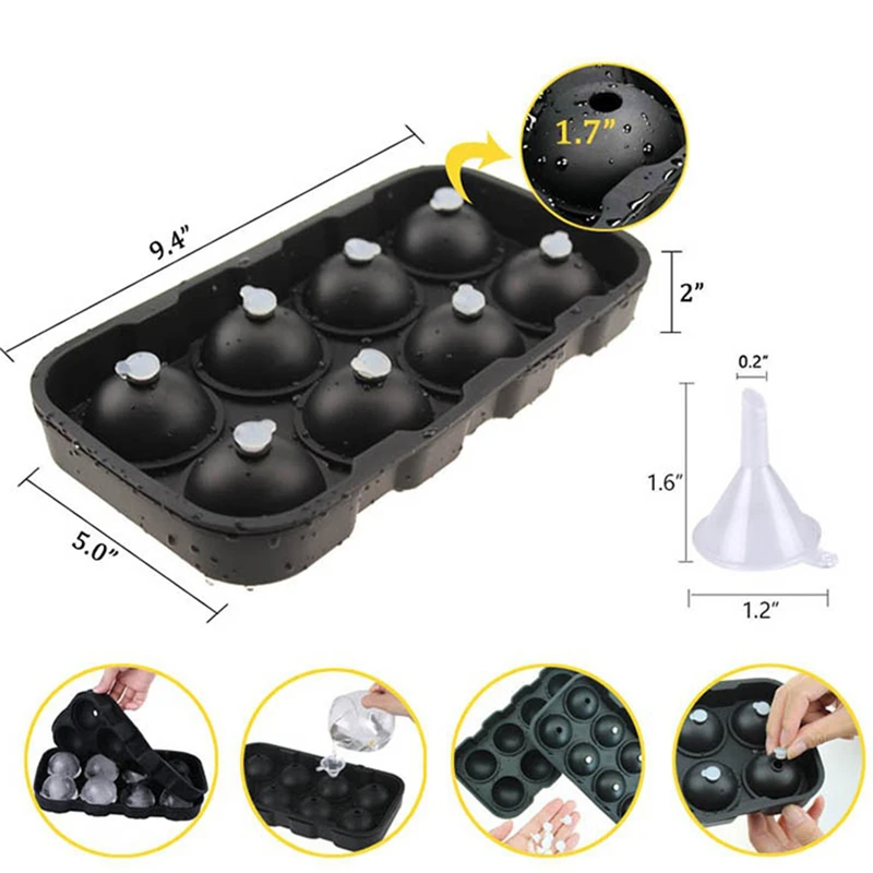 

1 Pcs Black Round Silicon Ice Cube Ball Maker Tray 8 Large Sphere Molds Bar w/ Funnel