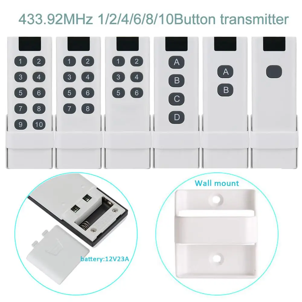

200M 433Mhz universal wireless remote control, 1/2/4/6/8/10 buttons, wall-mounted, can control KTNNKG remote receiver.