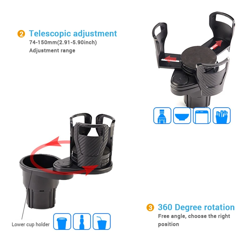Drink Cup Holder 2 in 1 Car Cup Holder Expander 360 Degree Adjustable