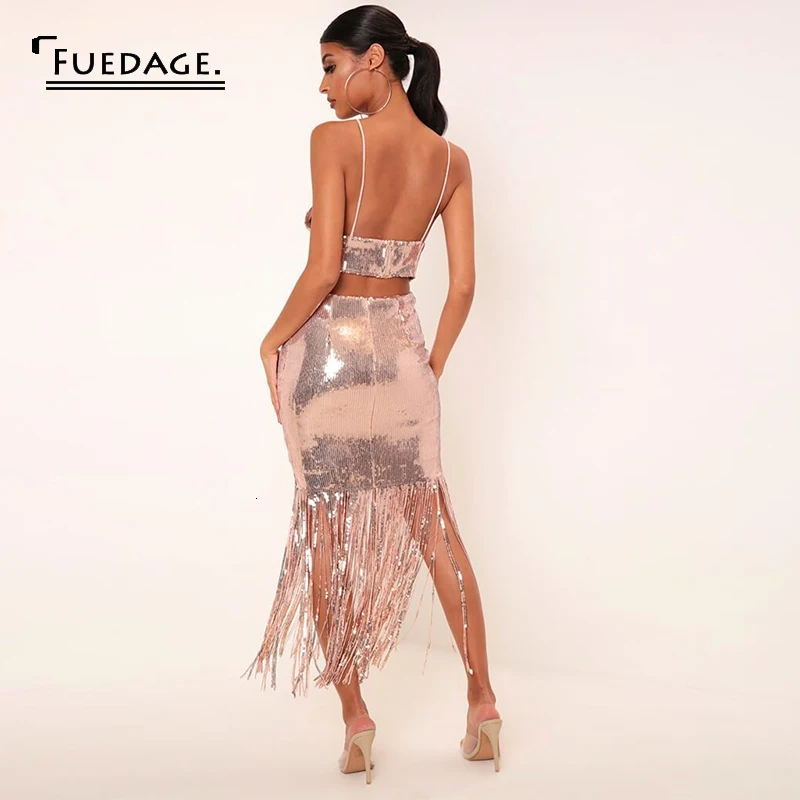 Fuedage Tassel SEQUINS вечерние комплекты из двух предметов для женщин с v-образным вырезом и блестками комплект из 2 предметов на тонких бретельках сексуальные женские комплекты из двух предметов