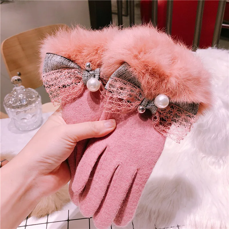 Женские Новые корейские перчатки с сенсорным экраном пять пальцев кашемировые кроличьи волосы бант жемчужные женские зимние теплые перчатки