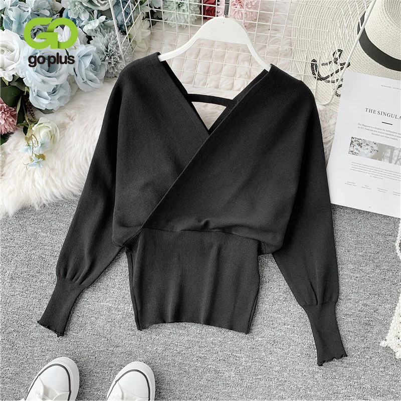 

GOPLUS Women's Sweater Casual Black White V-Neck Long Sleeve Knitted Sweaters Womans Pullovers Autumn 2020 Clothing Pull Femme