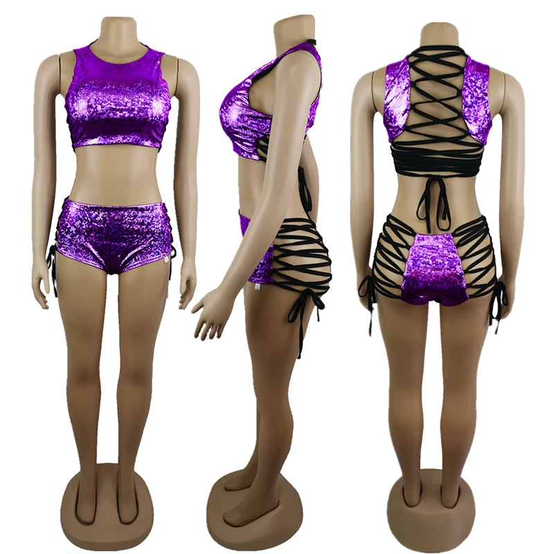 2 Piece Sets Holographic Crop Top And Hot Shorts Women Sexy Lace Up Festival Party Rave Clothing Two Piece Set