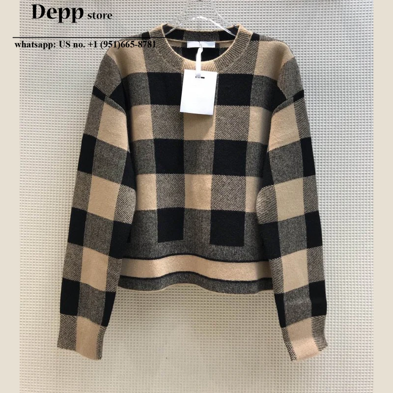 

2020 Autumn New Color Matching Plaid Letter Embroidery Slim wool blended Knitted Long-Sleeved round Neck Pullover Women sweater
