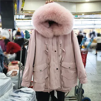 

2020 New Winter Clothes Fox Fur Collar Faux Rabbit Wool Liner Coat Thicken Mid-Length Parka Women's Cotton-Padded Coats Outwear