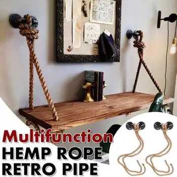 

2Pcs Black Iron Industrial Pipe with Rope Wall Floating Bookshelf Bracket Retro Shelf Bracket Holder Rack Home Storage Holder