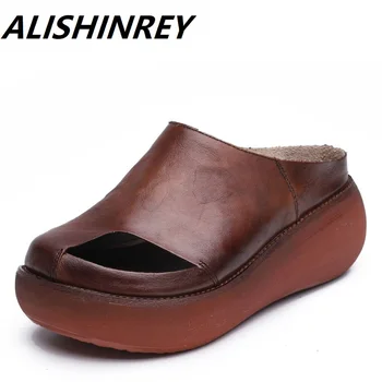 

ALISHINREY Summer Slippers Women Casual Shoes 2020 Retro Handmade Genuine Leather Wedge Platform Slippers Peep Toe Slides