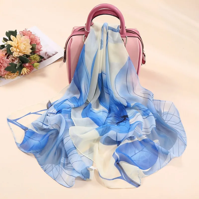 

Chiffon Printed Silk Scarf Women Soft and Comfortable Fashion Gradient Lotus Pattern Scarf Female 2020 Spring Summer Cool