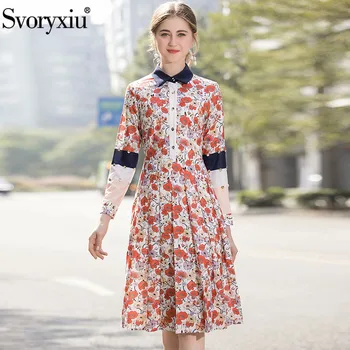 

Svoryxiu Elegant Flower Print Spring Summer Runway Dress Women's Long Sleeve Turn Collar Slim Pleated Dresses Vestdios 2020