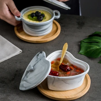 

Nordic Square Marble Baby Steamed Egg Bowl with Spoonmodern Home Dessert Bird's Nest Bowl Ceramic Blackchicken Stew Pot with Lid