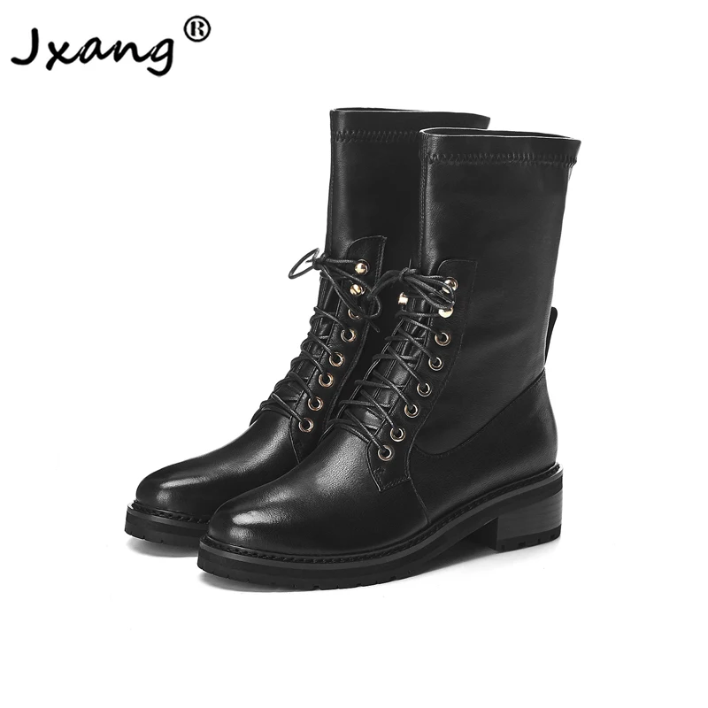 

JXANG New Fashion High quality cowhide non-slip rubber sole European and American style Sexy Retro lace up mid calf boots