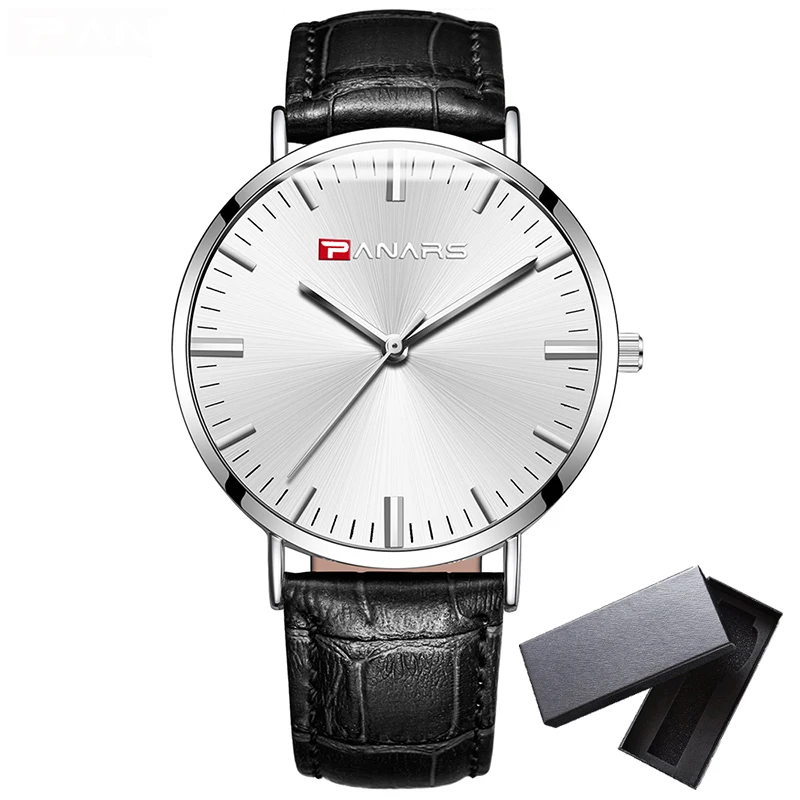 

Men's Watch Ultra-Thin leather Men Business Watch PANARS Men White Black Quartz Wristwatch With Box Male Clock zegarki meskie