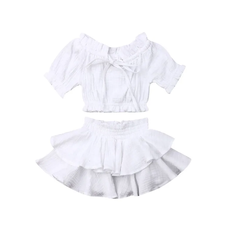 CANIS/Повседневный хлопковый короткий топ для новорожденных девочек, рубашка+ юбка, наряд с оборками, комплект одежды из 2 предметов с открытыми плечами - Цвет: Белый