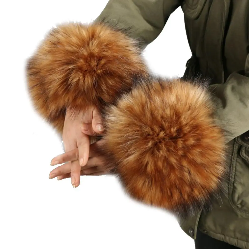 Утолщенные женские зимние теплые наручные руки перчатки кролик искусственный браслет с меховыми элементами манжеты браслеты плюшевые эластичные нарукавники - Color: Brown