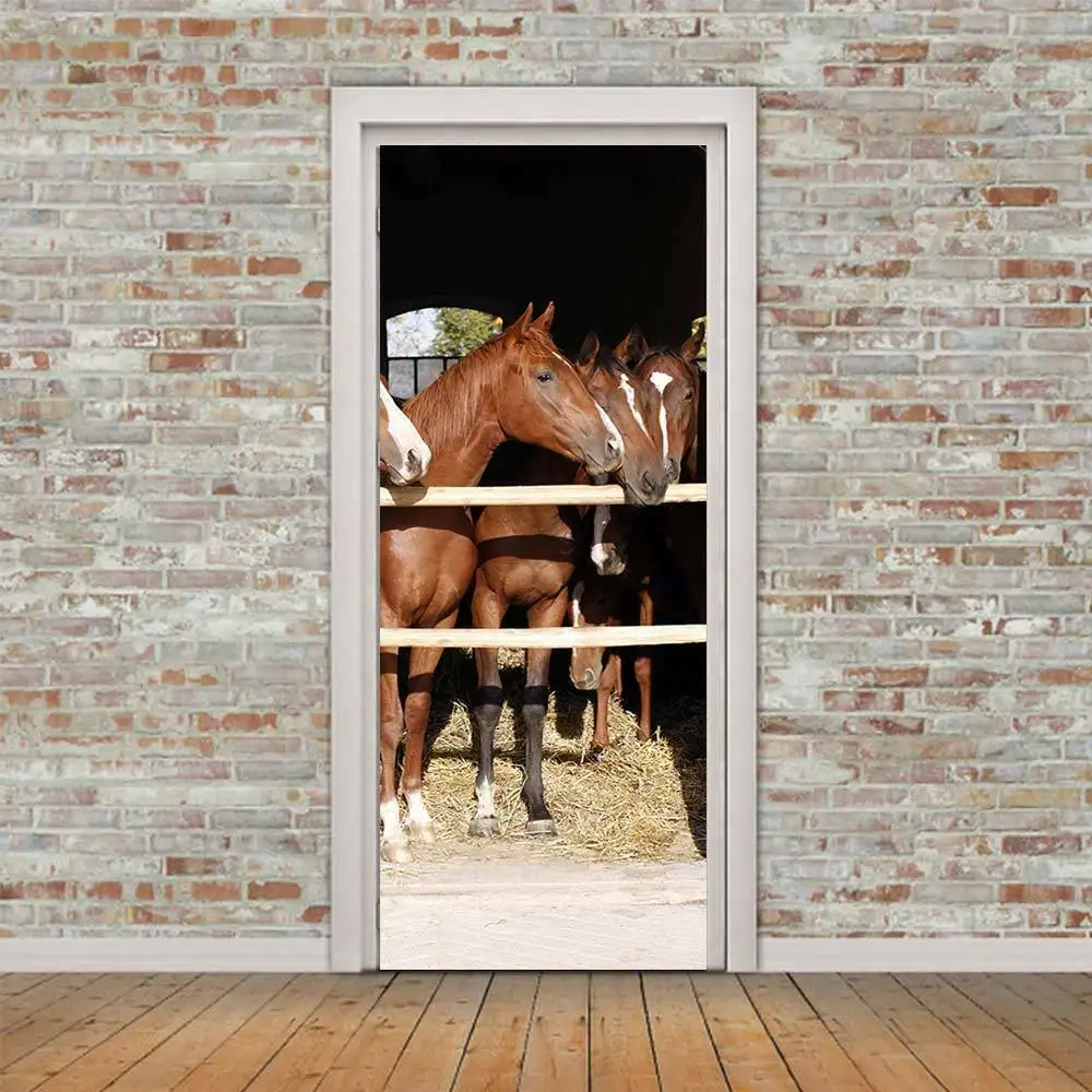 Водонепроницаемый 3D дверь из закаленного стекла плакат с лошадьми стикер s самоклеющиеся домашний декор для двери высококачественный утолщение 77x200 см