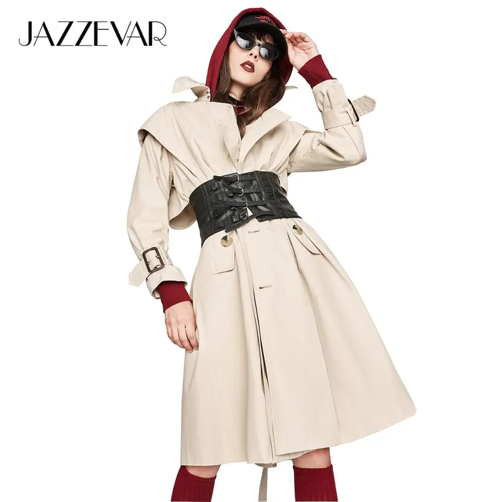 JAZZEVAR 2019 Новый Осень модные повседневное тренч для женщин топ хаки однобортный длинная верхняя одежда свободные костюмы негабаритных YA7031