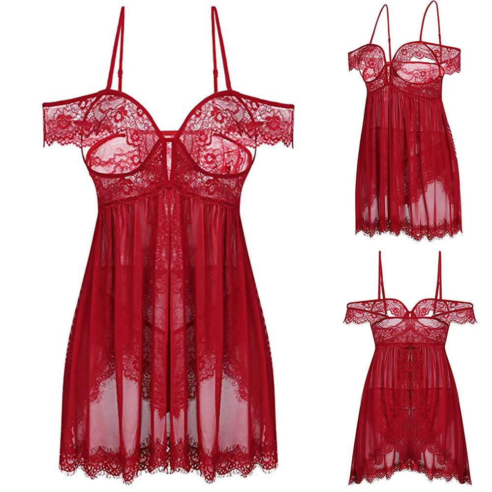 

Sexy Lace Ruffles lingerie With Panties Erotic Transparent Lingerie Sleepwear Women Summer Sleep Dress Babydoll Floral Dress D35