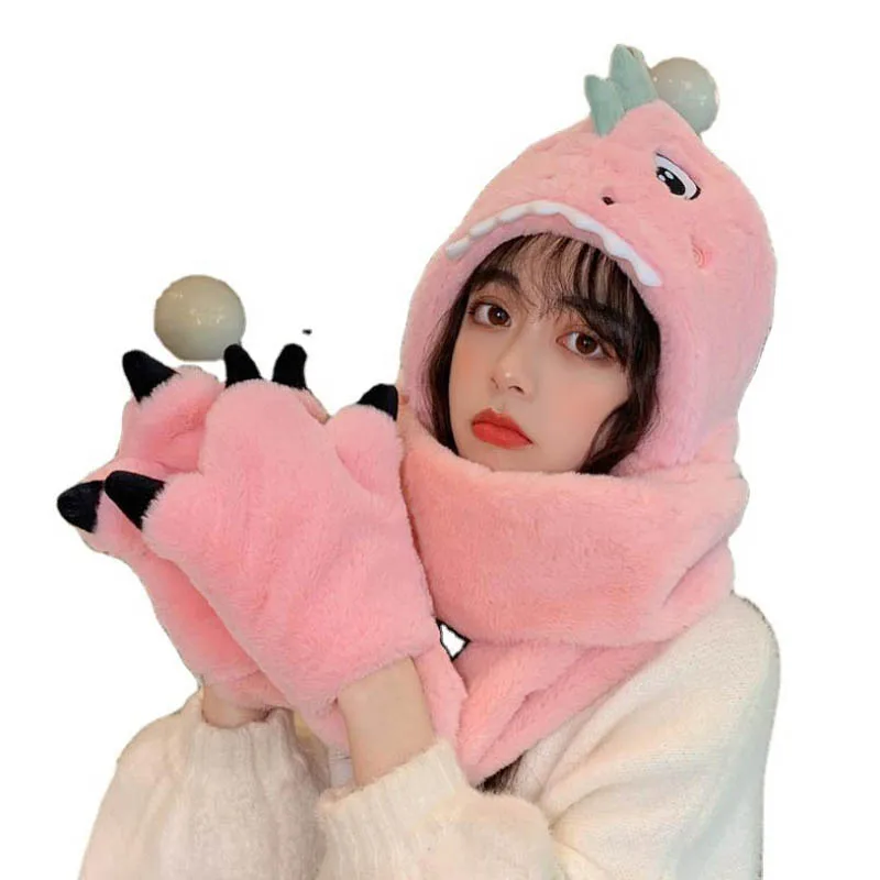 

Doitbest Winter Women lambswool Hats Warm Thicken Ear Flaps snow Hats Womens Dinosaur paw Scarf gloves hat one piece Beanie