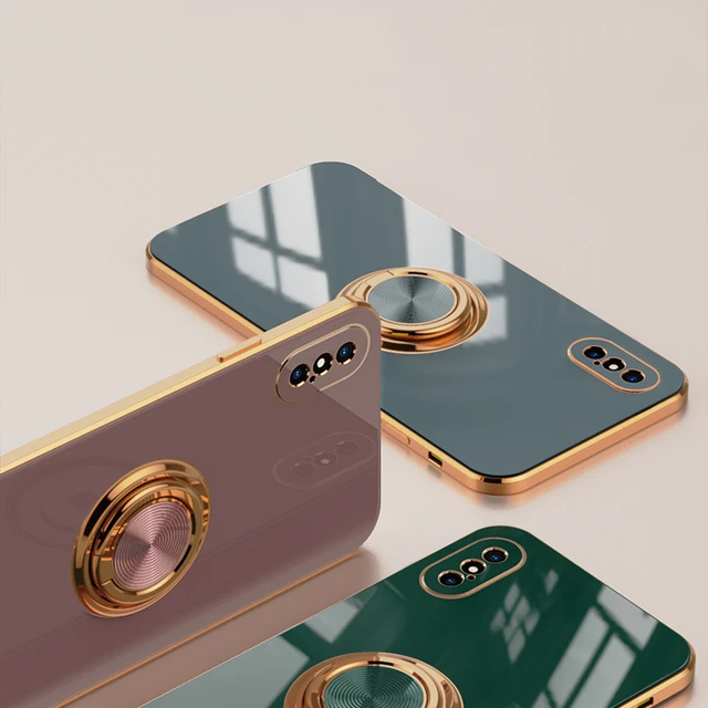 Luxury Plating Silicone Case For iPhone 12 11 Pro Xs Max Mini SE X XR 7 8 Plus Plain Metal Ring Holder Stand Soft Phone Cover 2