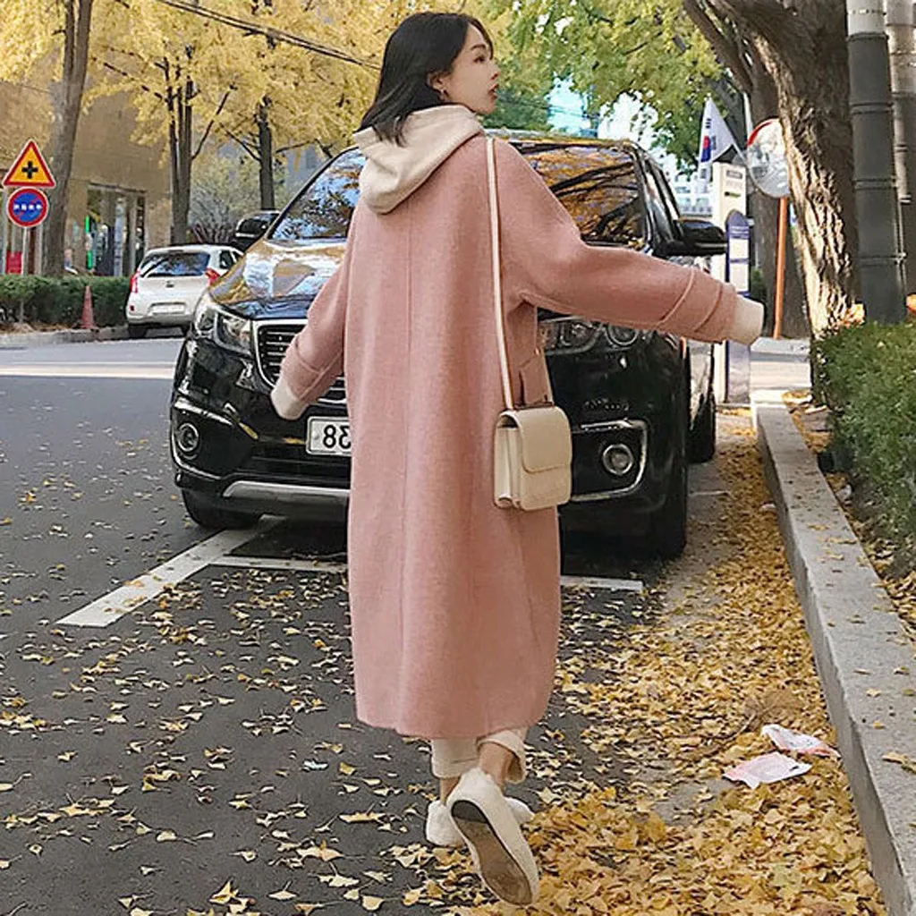 Women Work Solid Vintage Winter Office Long Sleeve Button Woolen Jacket Coat