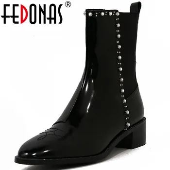 

FEDONAS Elegant Rhinestone Women Ankle Boots Genuine Leather Concise Shoes Woman 2020 Winter Newest Party Thick Heels Boots